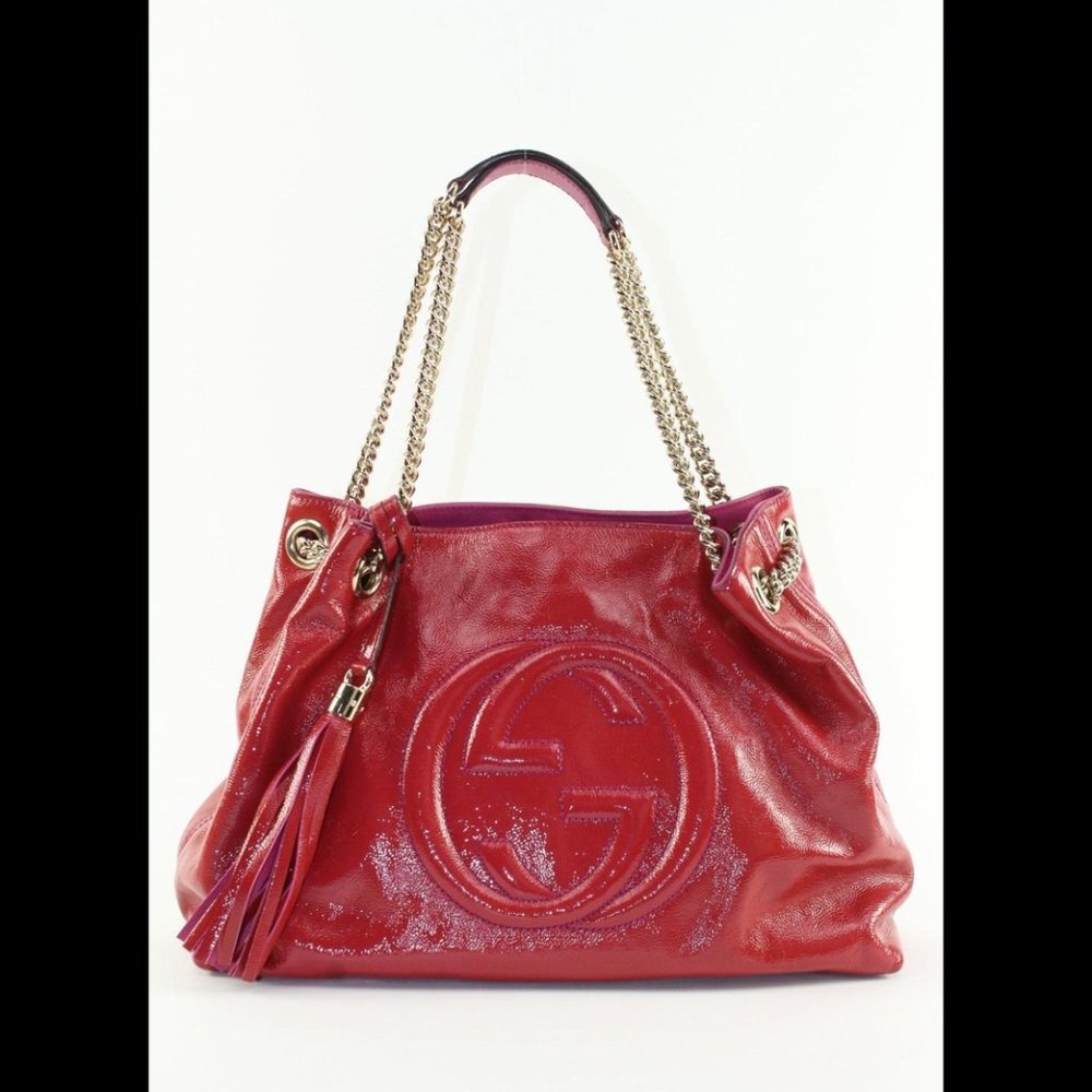 Gucci Patent Pink Soho Fringe Tassel Chain Tote 2way Fuchsia 1GK0104K
